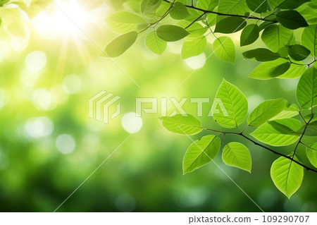 Background of fresh greenery and sunlight filtering through trees AI-generated image AI image 109290707