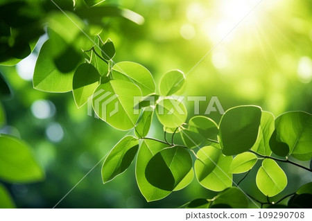 Background of fresh greenery and sunlight filtering through trees AI-generated image AI image 109290708