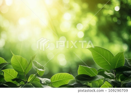 Background of fresh greenery and sunlight filtering through trees AI-generated image AI image Background of fresh greenery and sunlight filtering through trees AI-generated image AI image 109290709