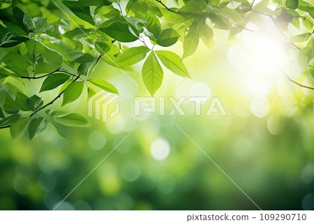 Background of fresh greenery and sunlight filtering through trees AI-generated image AI image Background of fresh greenery and sunlight filtering through trees AI-generated image AI image 109290710
