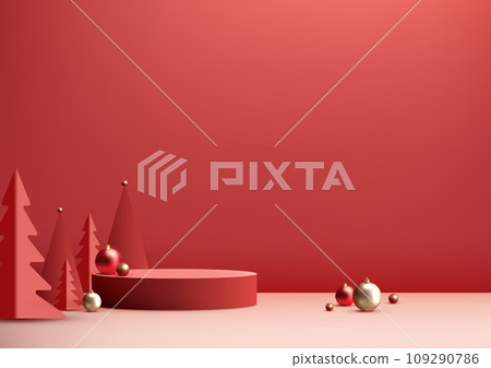 Christmas Red Podium Decoration with Pine Tree, Gold and Red Balls Christmas Red Podium Decoration with Pine Tree, Gold and Red Balls 109290786