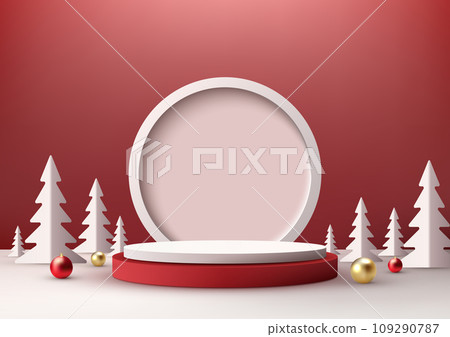 Christmas Red and White Podium Decoration with Pine Tree, Gold and Red Balls Christmas Red and White Podium Decoration with Pine Tree, Gold and Red Balls 109290787