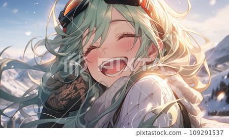A winter day full of smiles: Green-haired winter girl 109291537