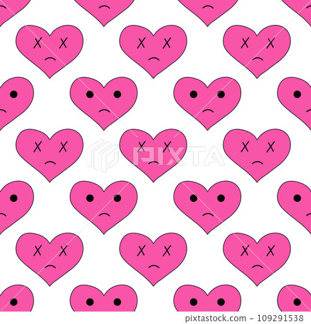 Seamless Pattern with hearts of sadness in emo style. Y2k. Pink weird gloomy hearts. Anti Valentine Day. Vector flat illustration. 109291538