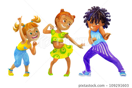 Group of happy multicultural dancing children. Friends dancing, having fun together. Kids dancing party concept. Isolated watercolor illustration for children dancing party design, cards, invitations, 109291603