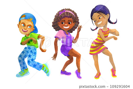 Happy multicultural dancing boy and girls . Friends dancing, having fun together. Kids party concept. Isolated watercolor illustration for children dancing party design, cards, invitations, posters, t 109291604