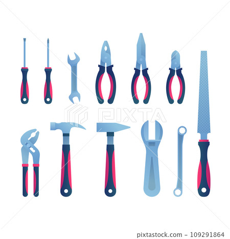 Repair hand tools isolated icons set. Professional woodworking instruments. Construction and repair tools for craftsman mechanic vector illustration. Rasp, wrenches, pliers and screwdrivers signs. 109291864
