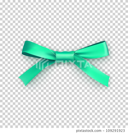 Light green gift bow from satin thin tape isolated on transparent background. Realistic decoration for any holidays presents or flowers. Elegant object from silk ribbon vector illustration. 109291923