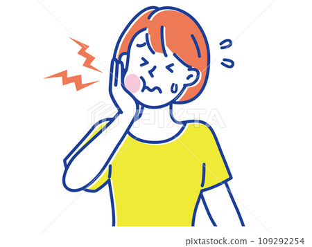 A young woman who has a toothache and holds her cheek with her hand A young woman who has a toothache and holds her cheek with her hand 109292254