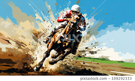 馬和騎師在賽馬場上奔跑 109292333