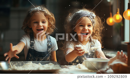 Happy funny kids bake cookies in kitchen. Little chef playing with dough with a pay expression. Creative and Happy childhood Concept. Generative Ai. 109292809