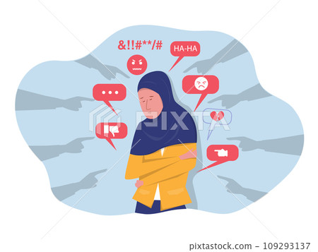Bullying concept. Young upset Muslim Woman victim of harassment which symbolizes touching and violence against women. Fingers pointing at a woman. Vector illustration 109293137
