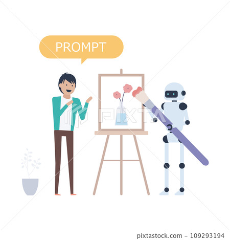 A young man prompts an image generation AI to draw a picture. 109293194