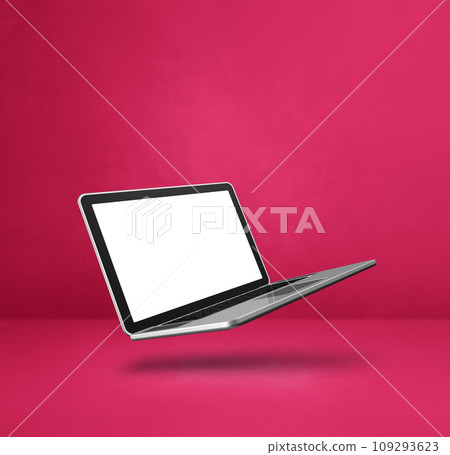 Floating computer laptop isolated on pink. Square background Floating computer laptop isolated on pink. Square background 109293623