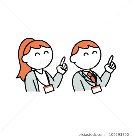 Two men and women in suits pointing and guiding Two men and women in suits pointing and guiding 109293800