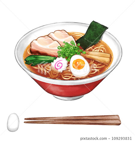 Soy sauce ramen, chopsticks and chopstick rest painted in watercolor 109293831