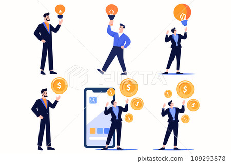 Hand Drawn Businessman with money or light bulb in Passive income concept in flat style 109293878