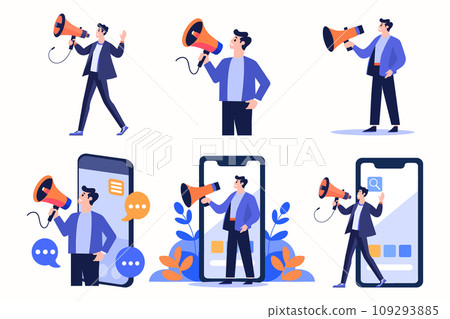 Hand Drawn Businessman with megaphone in discount concept in flat style 109293885