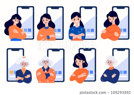 Hand Drawn old woman stands with her arms crossed with confidence in flat style Hand Drawn old woman stands with her arms crossed with confidence in flat style 109293892