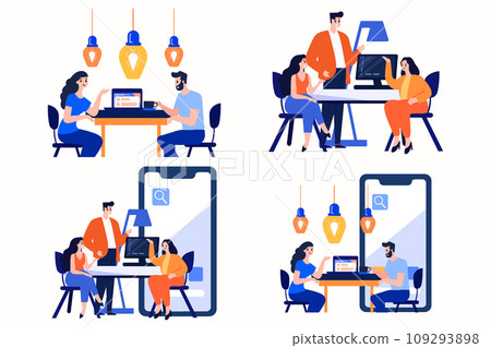 Hand Drawn business people having a meeting on the concept of Brain Storming in flat style Hand Drawn business people having a meeting on the concept of Brain Storming in flat style 109293898