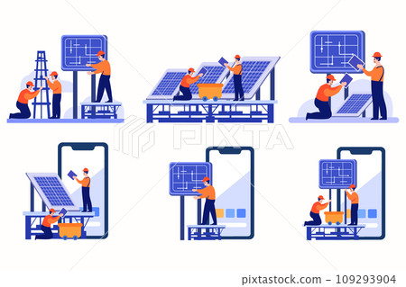 Hand Drawn Engineer installing solar cells in flat style 109293904