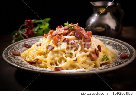 Authentic Pasta Carbonara served in a classic Italian ceramic bowl, close-up showcasing the creamy texture and crispy guanciale with pecorino cheese Authentic Pasta Carbonara served in a classic Italian ceramic bowl, close-up showcasing the creamy texture and crispy guanciale with pecorino cheese 109293996