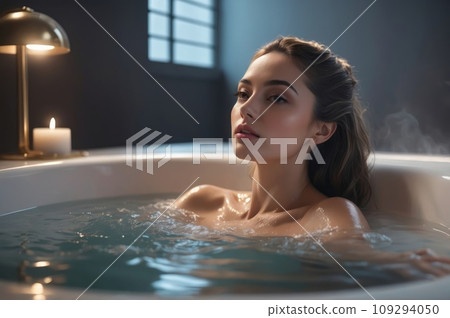 Alluring woman indulging in a luxurious relaxing bath in her extravagant jacuzzi. Alluring woman indulging in a luxurious relaxing bath in her extravagant jacuzzi. 109294050