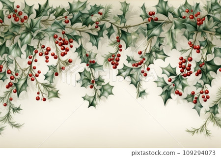 A border of lush green Christmas garland, interspersed with bright red holly berries. The garland is detailed with a light dusting of snow and subtle glitter, set against a soft, neutral background. A border of lush green Christmas garland, interspersed with bright red holly berries. The garland is detailed with a light dusting of snow and subtle glitter, set against a soft, neutral background. 109294073