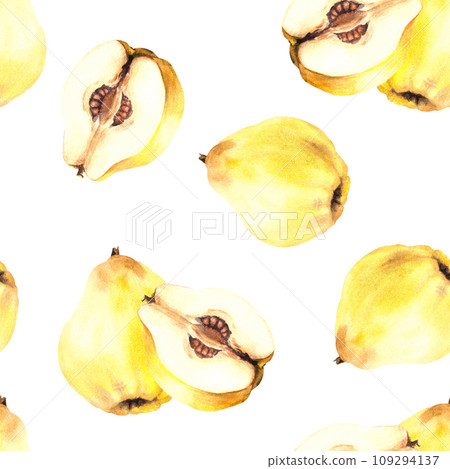 Watercolor hand painted seamless pattern of yellow ripe juicy quince whole, cut fruits with seeds inside. Illustration Repeating design for wrapping paper, wallpaper, cover. Isolated white background. 109294137