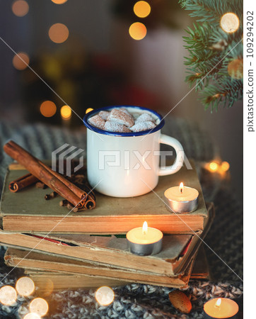 Christmas cup of cocoa with marshmallows. A mug with a delicious hot drink . New Year's mood, atmosphere. Happy Christmas. 109294202