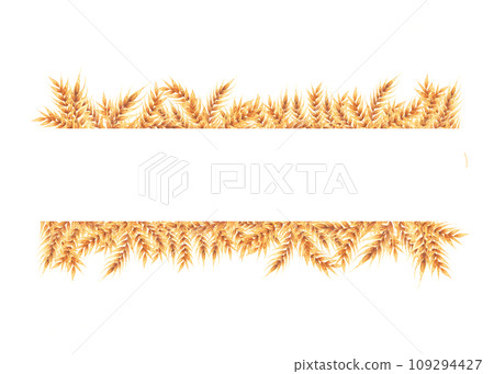 A few gold ripe wheat ears as frame, horizontal label design element. Hand drawn watercolor isolated A few gold ripe wheat ears as frame, horizontal label design element. Hand drawn watercolor isolated 109294427
