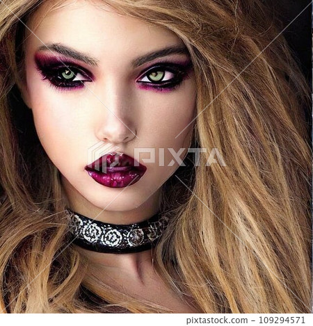 A woman with long blonde hair wearing a choker 109294571
