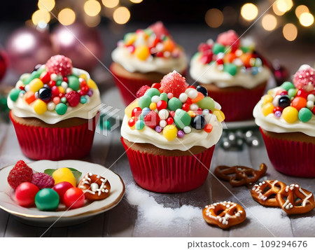assorted cupcakes with candy, fruits and pretzels, AI generated 109294676