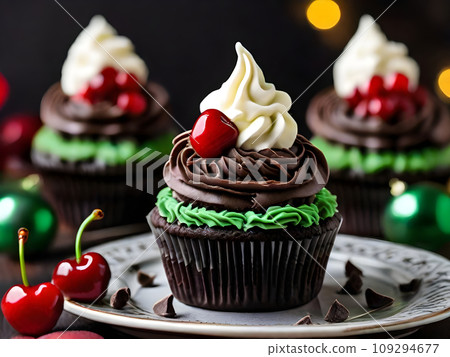 cupcakes with whipped cream and cherry, AI generated 109294677