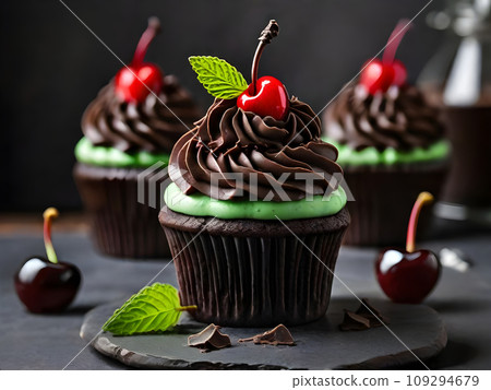 chocolate cupcakes with cherries, AI generated 109294679