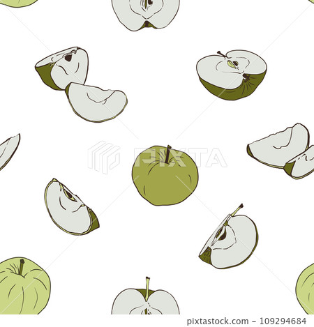 Seamless pattern of hand-drawn sketches with apples. Illustrations with whole and cut fruits. Seamless pattern of hand-drawn sketches with apples. Illustrations with whole and cut fruits. 109294684