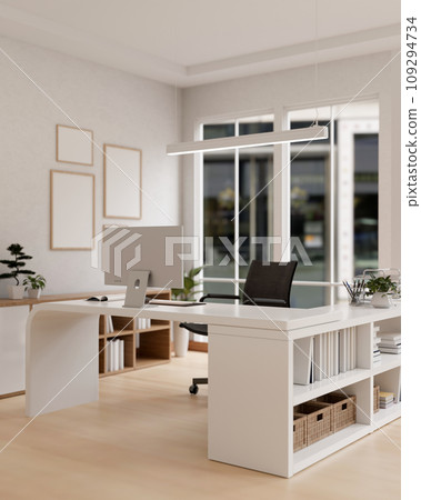 Interior design of a modern white private office room workspace with a computer on a white desk. 109294734