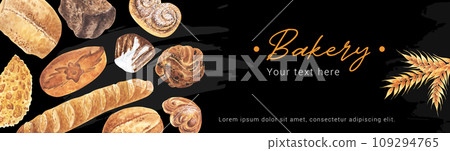 Bakery horizontal banner. Hand drawn sketch with bread, pastry, sweet. Wheat bread, pretzel, ciabatta, french baguette. web design, flyer, advertising. Bakery horizontal banner. Hand drawn sketch with bread, pastry, sweet. Wheat bread, pretzel, ciabatta, french baguette. web design, flyer, advertising. 109294765