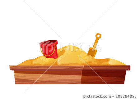 Wooden sandbox with sand pile in cartoon style, playground for kirs outdoor isolated on white background.  109294853