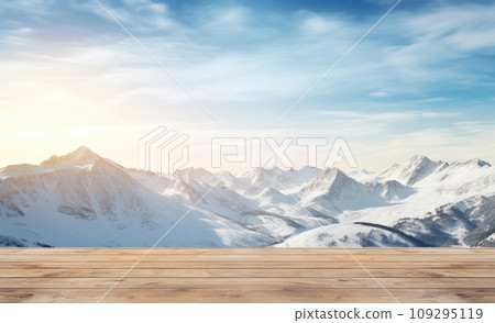 Table with Winter Mountains Background, Generative AI Table with Winter Mountains Background, Generative AI 109295119