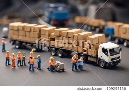 Miniature People Standing Next to a Truck 109295136