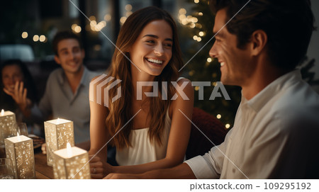 A happy girl and man, are sitting at a New Year's table in a restaurant A happy girl and man, are sitting at a New Year's table in a restaurant 109295192