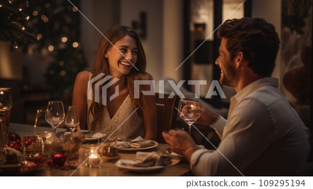 Beautiful, happy couple, guy and girl, sitting at New Years table Beautiful, happy couple, guy and girl, sitting at New Years table 109295194