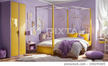 Bedroom for a girl in lavender color. Four poster bed. Modern interior design 109295805