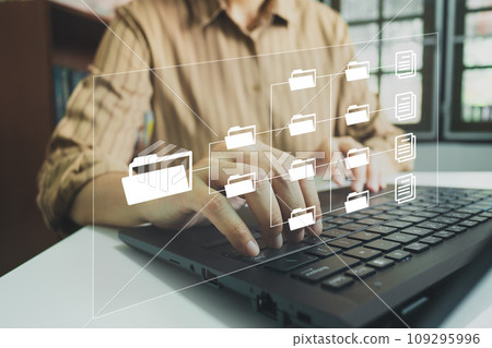 Officer using laptop manage files, Document Management System DMS, Online document database management, automated processes to manage system, ERP enterprise efficient, business technology. Officer using laptop manage files, Document Management System DMS, Online document database management, automated processes to manage system, ERP enterprise efficient, business technology. 109295996