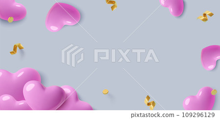Valentine's Day 3d pink hearts romantic background with copy space and holiday confetti Valentine's Day 3d pink hearts romantic background with copy space and holiday confetti 109296129