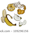 Isolated set with fruits on a white background. Apple, tangerine, banana in the style of linear art, doodles. Lines and abstract spots. 109296156