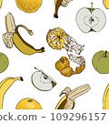 Seamless pattern with fruits on a white background. Apple, tangerine, banana in the style of linear art, doodles. Lines and abstract spots. 109296157