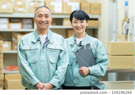 Middle-aged male and female workers packing in a warehouse 109296266