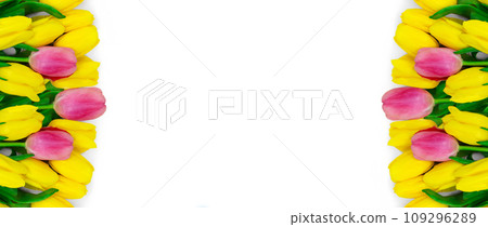Bouquet of yellow with pink tulips on sides on white background. Congratulatory, floral banner. Isolated. Copy space Bouquet of yellow with pink tulips on sides on white background. Congratulatory, floral banner. Isolated. Copy space 109296289